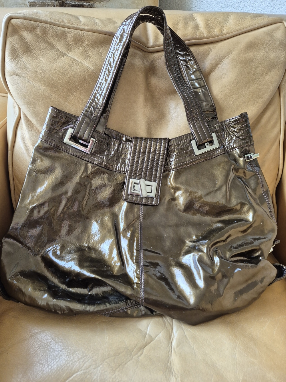 💕KOOBA Large Patent Leather Tote Bag in Dark Brown/Olive💕